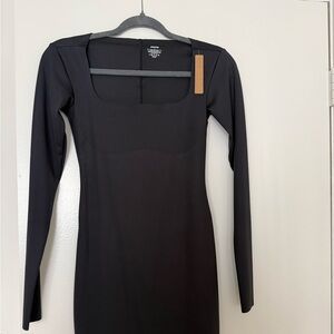 SKIMS Black Long-Sleeve Mini Square Neck Dress